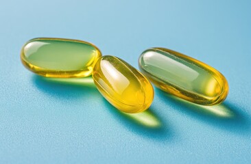Yellow fish oil capsules on a blue background
