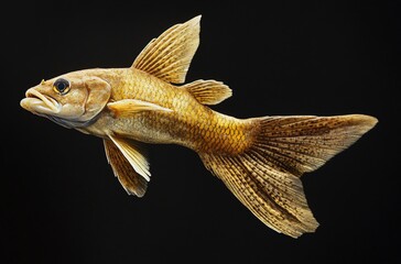 Fish isolated on pure black background with dramatic lighting, minimalist aquatic subject emphasizing elegant shape, texture and motion, suitable for food concept, marine life, creative design, luxury