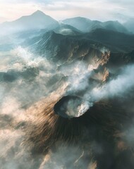 Aerial view of volcano eruption and dormant volcanic landscape, dramatic geological activity captured from above, showing active and inactive volcano formations, lava terrain, earth movement forces, n