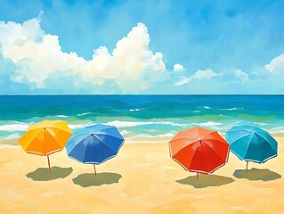 Exotic vacation beach with umbrellas and crystal clear ocean