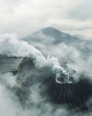 Aerial view of volcano eruption and dormant volcanic landscape, dramatic geological activity captured from above, showing active and inactive volcano formations, lava terrain, earth movement forces, n