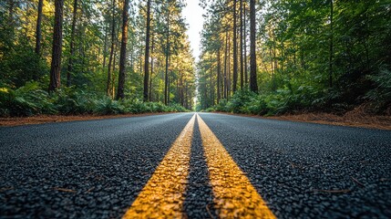 Scenic forest road at sunrise, leading to bright light, perfect for travel and adventure posters