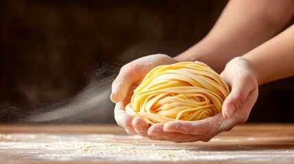 Person is holding a long yellow noodle in their hands