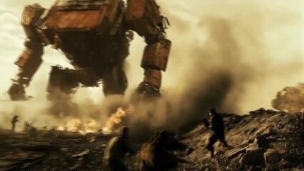 Giant robot destroying a city with a group of people in the background. Smooth repeating motion for background video animation.