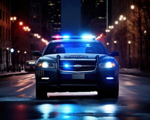 Fototapeta premium A police car with flashing lights parked on a deserted city street at night, surrounded by tall buildings, creating a dramatic urban scene ideal for law enforcement themes