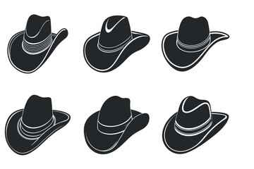 Set of six cowboy hats with varying designs and shapes, vector illustrations