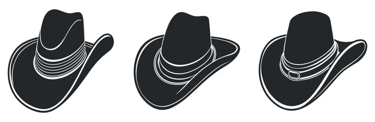 Three different cowboy hats with wide brims and unique band styles, vector illustration