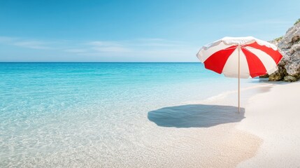 An inviting red and white striped umbrella offers shade over an empty stretch of beach, blending harmoniously with the crystal-clear waters and soft sandy shore.