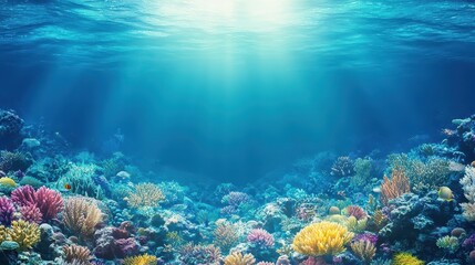 Fototapeta premium Beautiful vibrant underwater coral reef scene with sunlit surface