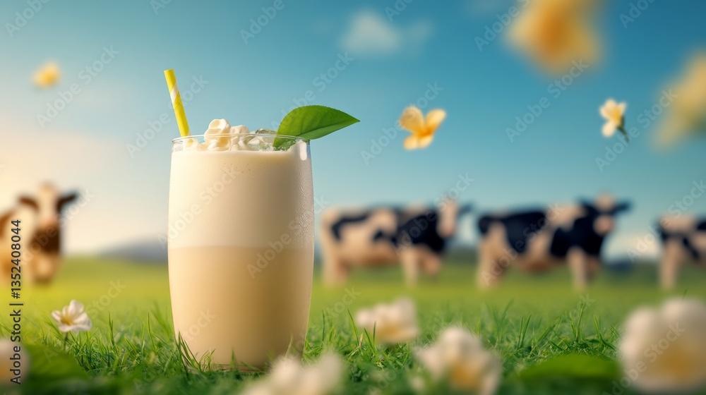 Poster glass of milk with a straw in it is on a grassy field with cows in the backgro