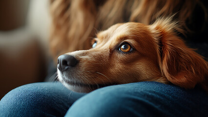 close up of brown dog resting its head on person lap, showcasing its expressive eyes and soft fur. person is wearing blue jeans, creating cozy and warm atmosphere