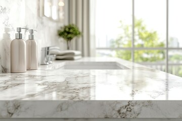 Modern bathroom with elegant marble countertop and natural light from large window showcasing greenery outside