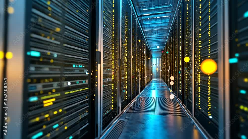 Poster corridor featuring rack servers and supercomputers in data center generative ai