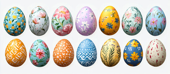 A vibrant collection of twelve hand-painted Easter eggs, perfect for spring celebrations, Easter decorations, and creative design projects with a playful touch.