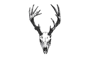Detailed illustration of a deer skull with large impressive antlers