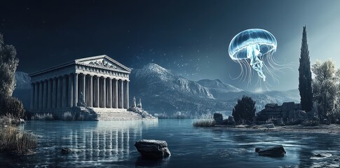 Ancient temple and otherworldly jellyfish floats over tranquil waters