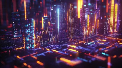 Fototapeta premium Futuristic cityscape with glowing digital buildings and data streams.