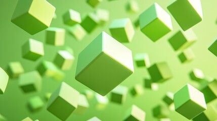 Abstract 3D rendering of light green cubes. Floating geometric shapes.  Possible use for backgrounds, wallpapers