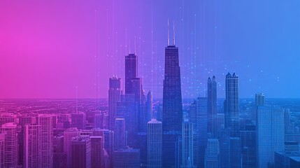 Aerial view of Chicago skyline with digital network overlay. Possible use Stock photo for technology, data visualization, future city concepts, or urban design