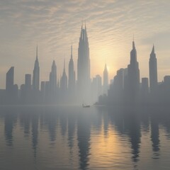 Obraz premium A hazy skyline of modern skyscrapers over calm reflective water