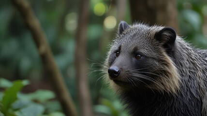 Naklejka premium A furry animal amidst green foliage, looking away with a thoughtful expression