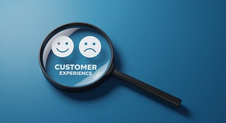 Magnifying glass focusing on customer experience with happy and sad emoticons against vibrant blue. Business concept for feedback, satisfaction, review. Use as web element, banner, poster.