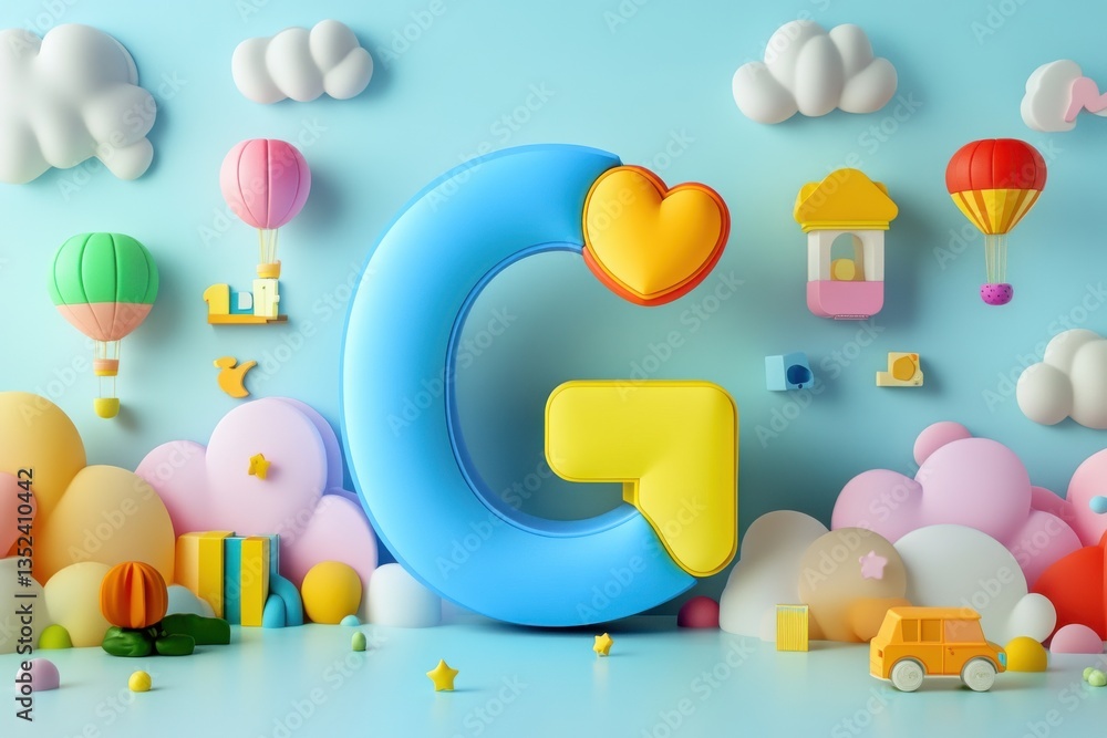 Poster Colorful 3D display of letter G surrounded by playful elements in a whimsical setting