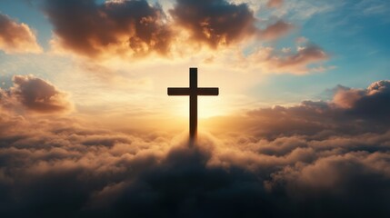 Dramatic Sunrise Over Clouds with Silhouette of Wooden Cross