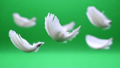 Obraz premium White Feathers Floating Against a Vibrant Green Background Gracefully