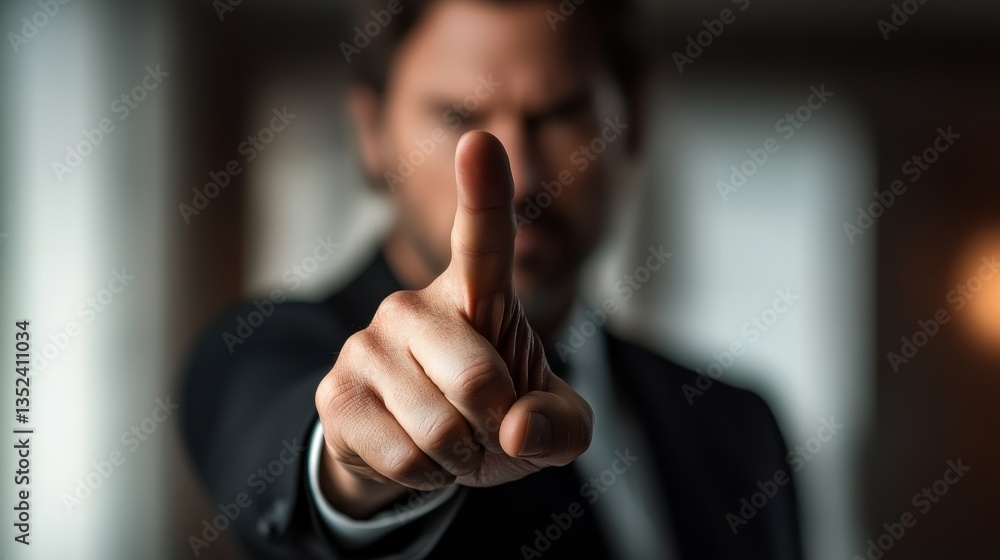 Poster man in a suit is pointing at something with his finger
