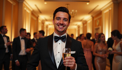 Groom smiling with champagne in elegant reception hall, celebration