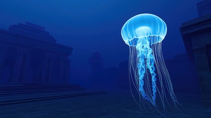A glowing jellyfish swims near underwater ancient ruins