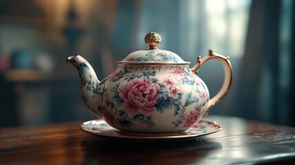 Antique Floral Teapot with Gold Accents on a Wooden Table with Delicate Blue and Pink Flower Patterns