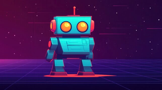 Colorful Retro Robot on Futuristic Grid with Starry Background
