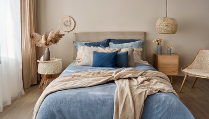 Stylish bedroom with a soft beige and blue palette, featuring a textured bedspread and sculptural decor elements.