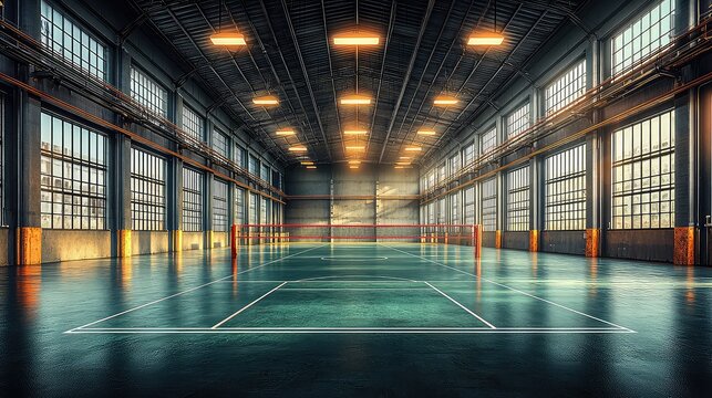 Industrial building interior, repurposed as indoor sports court, sunlight through windows, spacious floor