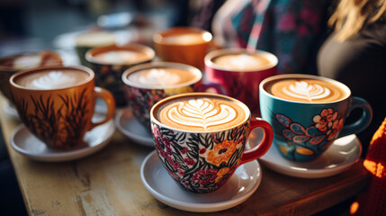  A close-up of a group of diverse hands clinking colorful coffee cups, sharing a refreshing moment.