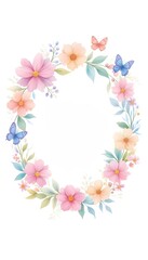 Floral wreath design with butterflies in pastel colors for greetings  
