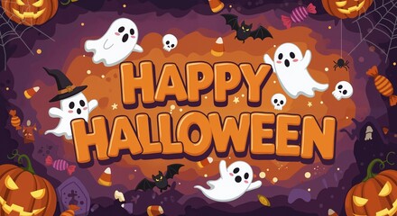 Happy Halloween cartoon illustration with ghosts, pumpkins and sweets. Festive banner template with copy space for web site, invitation, greeting cards, advertising.