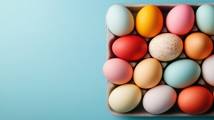 A vibrant assortment of beautifully colored Easter eggs is displayed in a carton, showcasing an array of pastel colors, symbolizing spring and festive joy.