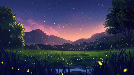 A family of fireflies glowing in unison over a dewy meadow at nightfall. 
