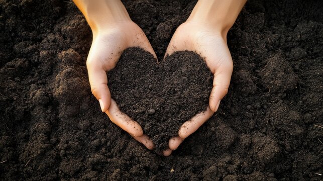 Hands forming a heart shape with soil, representing a connection to nature and gardening passion