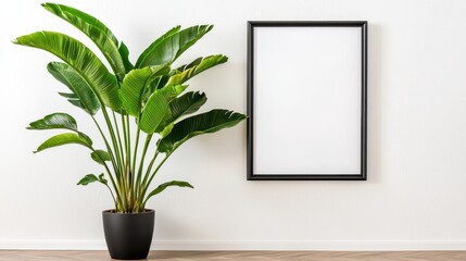 Elegant Indoor Plant Next to Blank Frame on White Wall