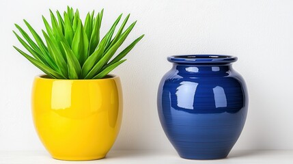 Bright Yellow Pot with Green Plant and Blue Ceramic Vase on Shelf