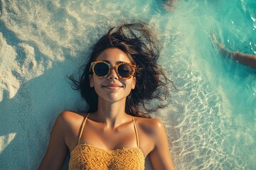 Beautiful woman beach sunglasses summer vacation lifestyle relax leisure sunshine travel concept, western female lying on sandy shore enjoying life, calm holiday mood, freedom, wellness, outdoor recre