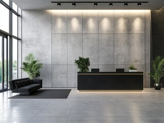 A modern minimalist lobby with a sleek reception desk
