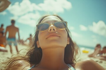 Beautiful woman beach sunglasses summer vacation lifestyle relax leisure sunshine travel concept, western female lying on sandy shore enjoying life, calm holiday mood, freedom, wellness, outdoor recre