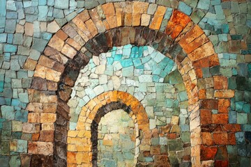 Stone archways mosaic background earthy turquoise tones.