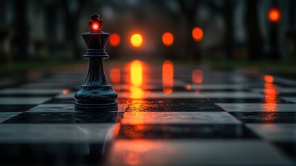Black Chess King On Checkered Board Under Soft Light With Blurred Background And Wet Surface