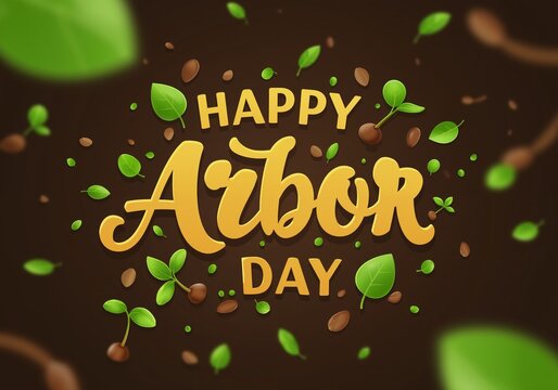 Happy Arbor Day golden lettering with green leaves and seeds on brown background. Holiday celebration. Template with copy space for design banner, poster, wallpaper